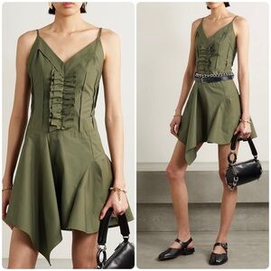 New! COMMISSION Ruffled Paneled Cotton-Poplin Mini Dress Olive Green 💚 size 8